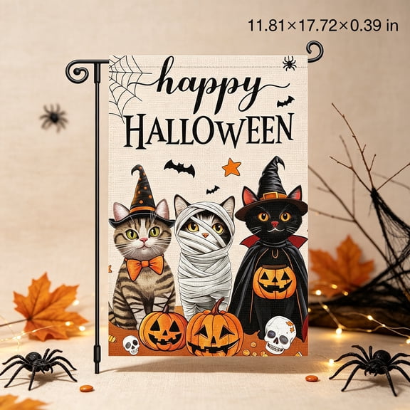 CYFW Happy Halloween Garden Flag 12x18 Inch Double Sided Cute Black Cat,Yard Flag Burlap Spooky Small Halloween Flags for Outside House Farmhouse Lawn Decoration, halloween garden flags