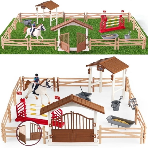 CYFW Horse Stable Figurine Playset Horse Toys with Rider Hurdle Figures Fence Kids Pretend Play Horse Racing Toys Set for 3 4 5 6 Year Old Boy Girl