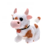 CYFW Interactive Electronic Pet Robotic Cow Plush Toy Animated Walking Mooing Sounds Stuffed Farm Animal with Bell for Kids Birthday Gifts Easter Basket Stuffers