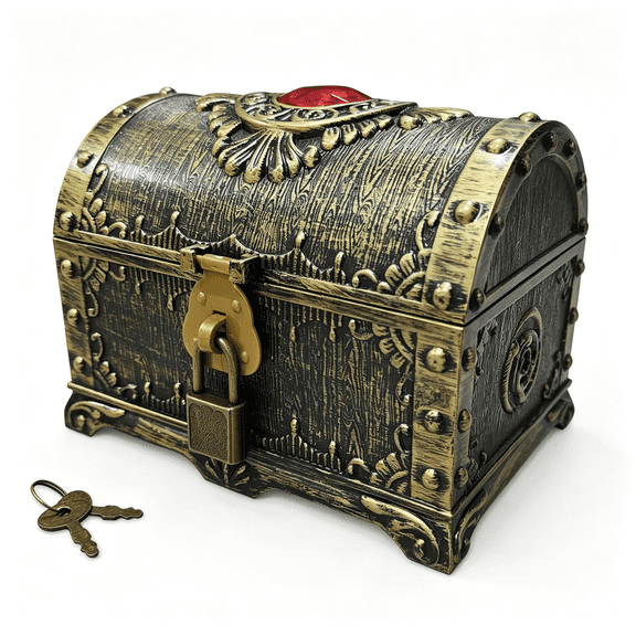 CYFW Kids Pirate Treasure Chest Storage Box,Red Rhinestone Inlaid Top Decorative Pirate Chest with Lock and Key for Kids Birthday,Halloween,Christmas Pirate Party Favors