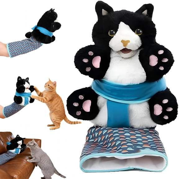 CYFW Kitty Karate Cat Puppet Cat Wrestler Puppet with Protective Forearm Sleeve,Karate Kitten Puppet Interactive Arm Wrestling Puppet Toy,Realistic Movements,Soft Plush for Kittens & Cats (Black)