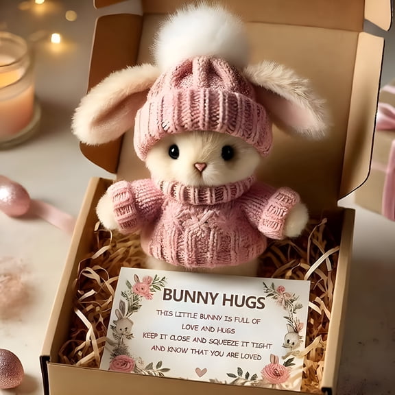 CYFW Mini Bunny Hugs Cute Easter Gift, Plush Pocket Hug Rabbit with Knitted Hat and Pom Pom, 7 Inch Emotional Support Stuffed Animal with Gift Box and Greeting Card for Bunny Lovers