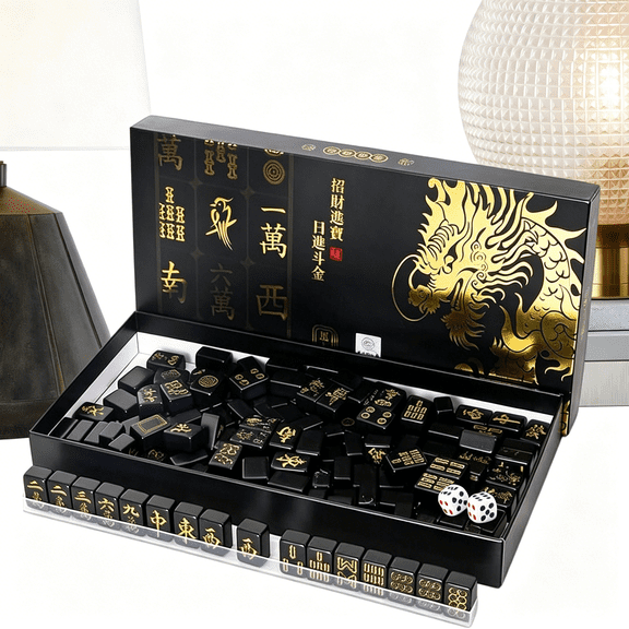 CYFW Miniature Mahjong Travel Set, Portable Full Tiles, 144 Piece Game with 2 Dices and 4 Racks, Mahjong Game Kit, Tabletop Accessory with Compact Storage for Adult Home Travel Party Holiday