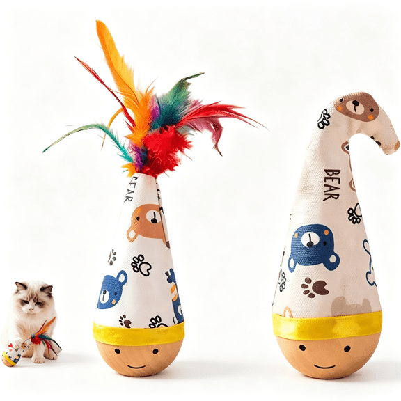 CYFW Natural Beechwood Cat Toy,2-Pack Weeble Wobble Tumbler Toy for Indoor Cats&Small Dogs,Self-Righting Interactive Toy with Colorful Feathers,Silent Battery-Free Play for Solo Exercise