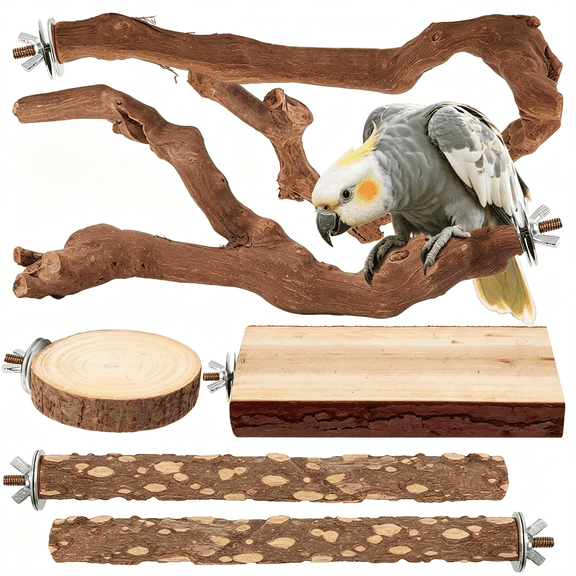 CYFW Parrot Perch Bird Perch Stand Set Natural Wild Wood Grape Sticks Paw Grinding Fork Parakeet Climbing Standing Branches Toys Cage Accessories for Conure,Cockatiels Lovebirds,6Pc