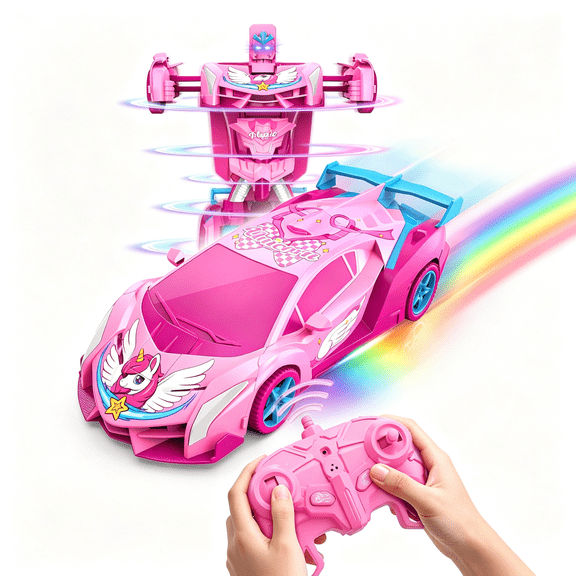 CYFW Pink Unicorn Transform Rc Cars for Girls-Rainbow Eyes and Underbody Lights|One-Button Deformation,Fast 360Rotation&2.4Ghz Robot Remote Control Car,Birthday Gifts
