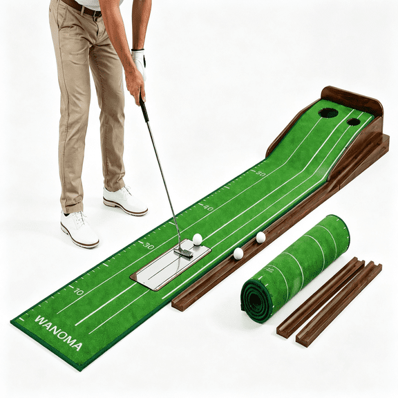 CYFW Premium Wood Golf Putting Green Indoor 10-11 Stimp Speed True Roll Mat Auto Ball Return Dual Precision Holes Alignment Mirror 2 Balls Professional Indoor Putting Trainer Home Office