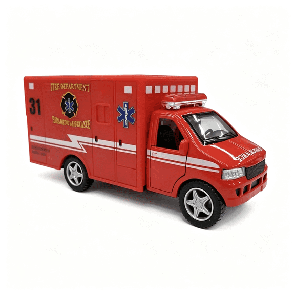 CYFW Rescue Team Ambulance 5" Die Cast Metal W/Pullback Action (Metal Die Cast Ambulance Toy) (Red)
