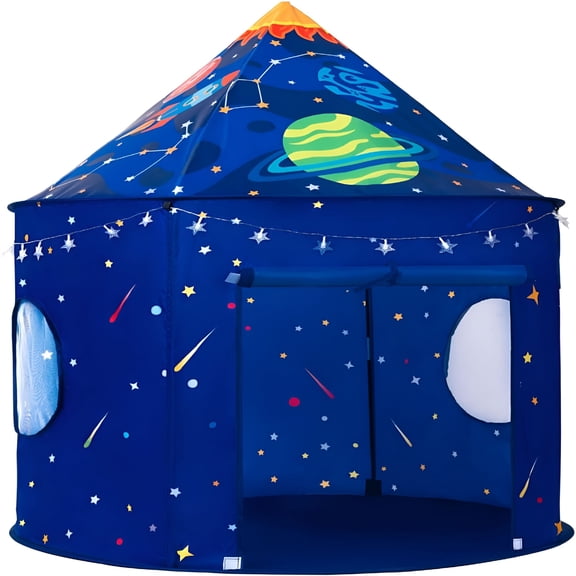 CYFW Rocket Ship Play Tent for Kids with Star Lights, Astronaut Pop-Up Playhouse, Foldable Space Gift