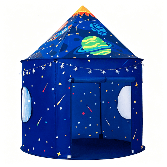 CYFW Rocket Space Ship Play Tent for Kids with Star Lights, Astronaut Themed Pop-Up Playhouse for Indoor & Outdoor, Foldable Space Adventure Gift for Boys and Girls