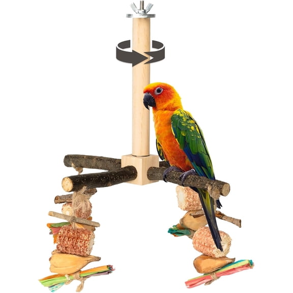 CYFW Rotating Parrot Perch Toy with Chew Toy,Natural Wooden Perch Stand for Small&Medium Birds,Bird Cage Accessory with Exercise Wheel for Cockatiels,Lovebirds,Conures,Finches,Budgies