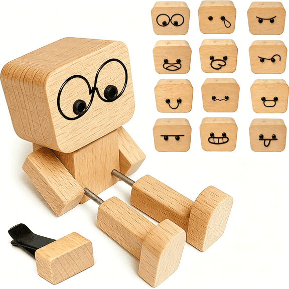 CYFW Shaking Feet Wooden Doll with Spring Legs & 12 Magnetic Expressions for Car Dashboard Decoration