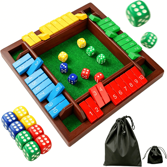 CYFW Shut the Box Dice Game for 2-4 Players, Wooden Board Tabletop Math and Strategy Game with 8 Dice and Velvet Storage Bag, Classic Family Board Game for Home, Party Or Pub, Brown