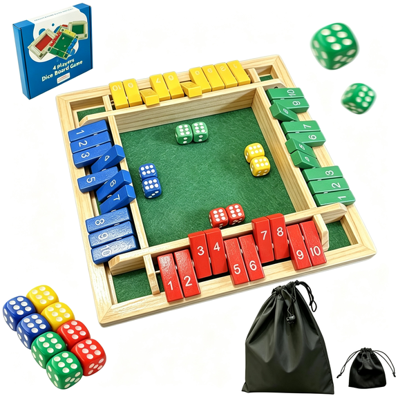 CYFW Shut the Box Dice Game for 2-4 Players,Wooden Board Tabletop Math and Strategy Game with 8 Dice and Velvet Storage Bag,Classic Family Board Game for Home,Party Or Pub,Multicolor