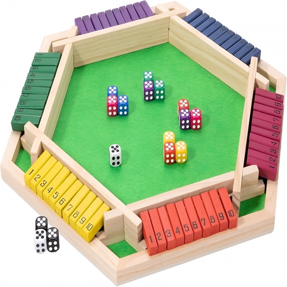 CYFW Shut The Box Game Large for 6 Players, 15 inch Wooden Board Table Math Game with 16 Dice and Instructions, Classics Close The Box Board Game