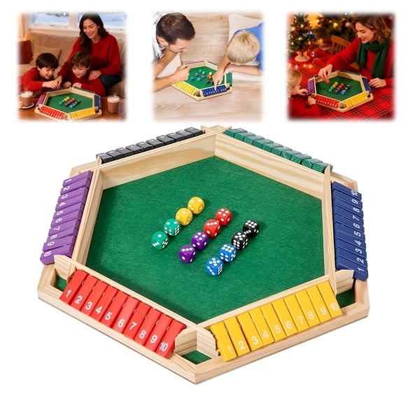 CYFW Shut the Box Game for 6 Players - Wooden Board Tabletop Family Math Game with 12+4 Dice
