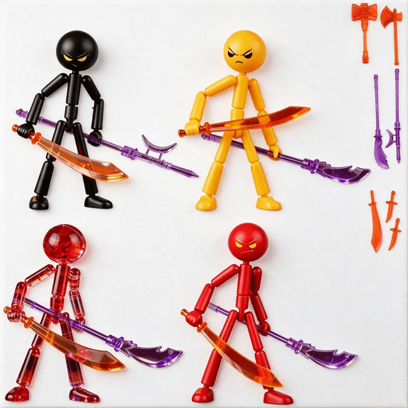 CYFW Stickman Action Figure-4.7"Poseable Collectible Figure Set with 7 Weapons,Stop Motion Ready,Funny Desk Decor&Gift for Adults(4 Packs)