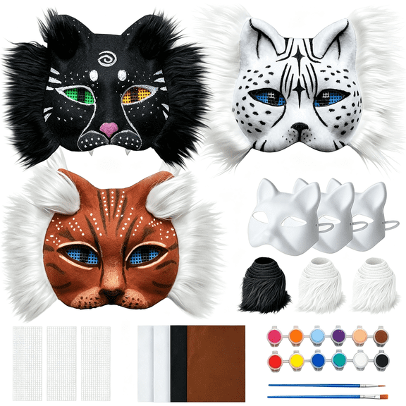 CYFW Therian Mask Kit 3 Cat Masks Base, 4 Colored Felts, 3 Eye Mesh Pieces & 12 Paints, Diy Animal Cat Mask Craft Kit, Furry Masks for Painting, Fun Halloween Party Favor