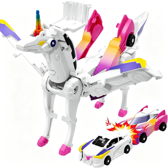 CYFW Unicorn Collision Transforming Cars Toy for Girls Boys,2 Magnetic Cars Transform into Magical Unicorn Collision Transforming Robot Cars Toy Deformation Christmas Birthday Gifts