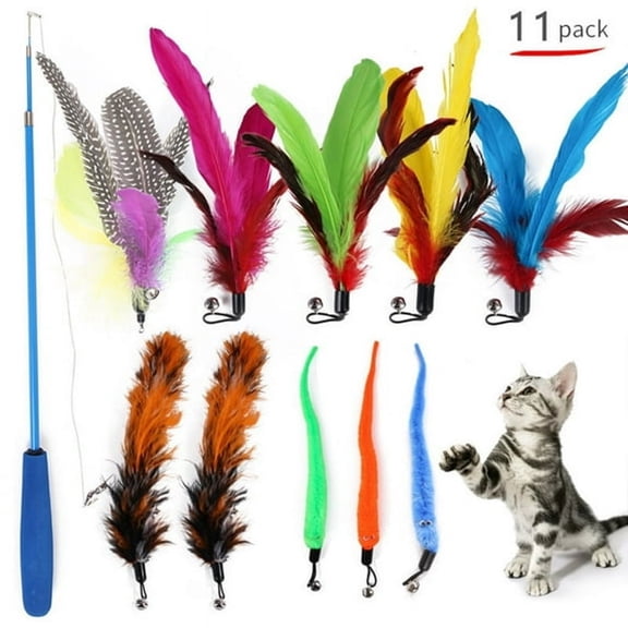 CYFW Wand Toy, 11 in 1 Replacement Retractable Teaser Stick for Kitten Having Fun Exerciser Playing and Interactive Indoor Pet Activity