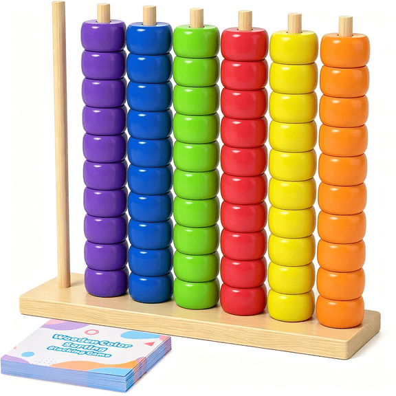 CYFW Wooden Color Match Challenge Game,Color Stacking Challenge - 60 Colorful Rings & Cards,Tabletop Puzzle Stacking Game for Family,Adults,Teens Color Stack Challenge Game