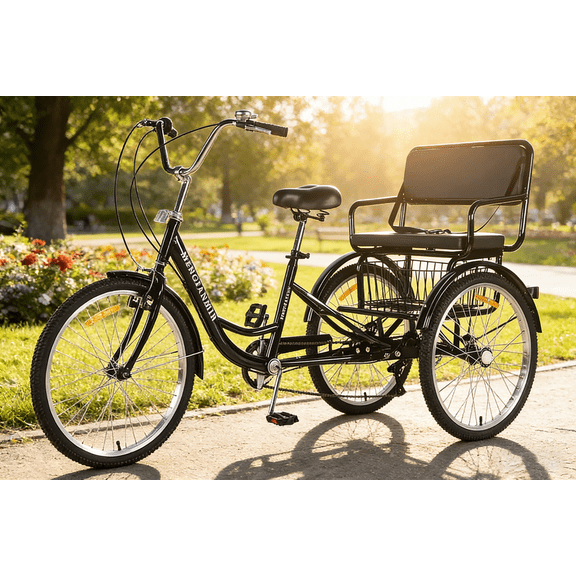 CYGG Adult Tricycle 7 Speed 24 Inch 3 Wheel Bikes with Child Seat/Rear Baskets for Taking the Kids to School Picnic Exercise Shopping, Trike for Adults 550lb, Black