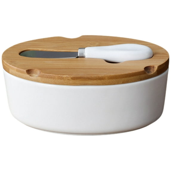 CYLINDSOME 1 Set Ceramic Butter Dish with Cutter Airtight Butter Keeper Bamboo Lid Butter Box