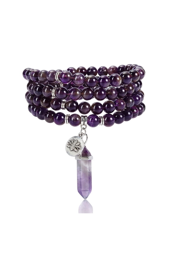 108 Mala Prayer Beads Bracelet Natural Amethyst Gemstone Bracelet Multilayer Healing Crystal Stones Stretch Bracelets Yoga Meditation Reiki Quartz Jewelry Gifts for Mens Womens