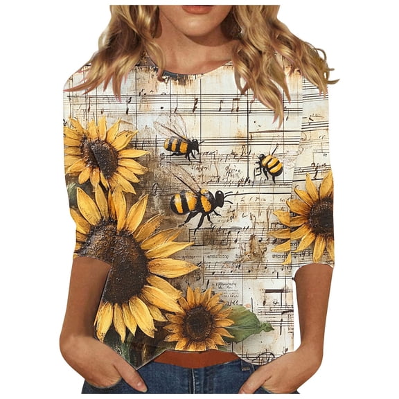 CYMMPU 3/4 Sleeve Blouses for Women Dressy Casual Bee Pattern Spring Tops Summer Fashion Shirts Tunic Tops Loose Fit Round Neck Lightweight Basic T-Shirts Yellow S