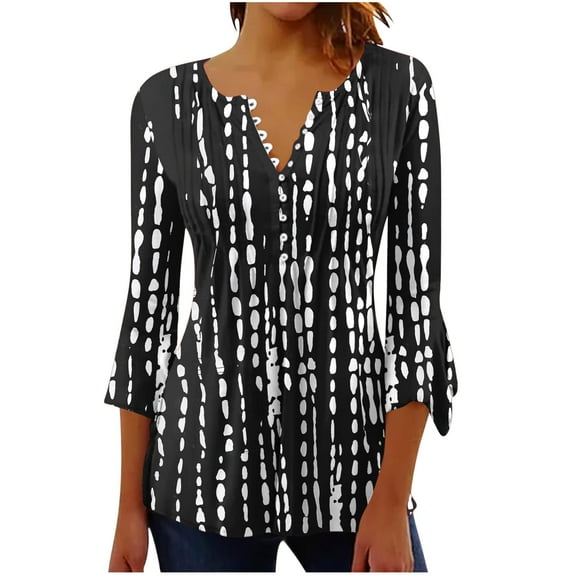 CYMMPU 3/4 Sleeve Blouses for Women Dressy Casual Button V Neck Fall Trendy Shirts Tunic Tops Spring Tops Floral Printed Loose Fit Empire Waist A Line T-Shirts S