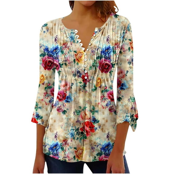 CYMMPU 3/4 Sleeve Blouses for Women Dressy Casual Button V Neck Flare Sleeve Floral Pattern Fall Trendy Shirts Spring Tunic Tops Loose Fit Pleated Dressy T-Shirts Multicolor M