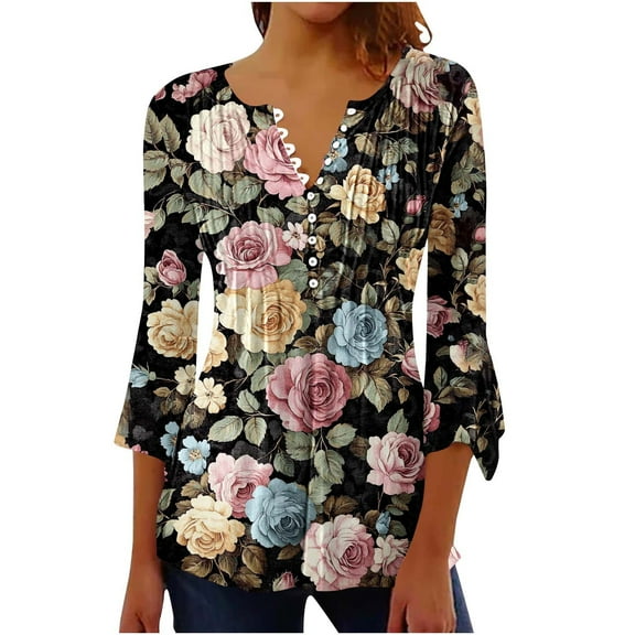 CYMMPU 3/4 Sleeve Blouses for Women Dressy Casual Button V Neck Flare Sleeve Floral Pattern Spring Tops Summer Trendy Shirts Loose Fit Tunic Tops Pleated Dressy T-Shirts Multicolor XXL