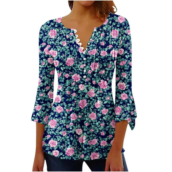 CYMMPU 3/4 Sleeve Blouses for Women Dressy Casual Button V Neck Flare Sleeve Floral Printed Spring Tops Loose Fit Tunic Tops Fall Trendy Shirts Pleated Dressy T-Shirts Multicolor S