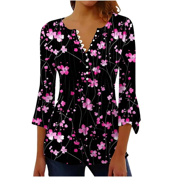 CYMMPU 3/4 Sleeve Blouses for Women Dressy Casual Button V Neck Flare Sleeve Flower Pattern Fall Trendy Shirts Loose Fit Tunic Tops Spring Tops Empire Waist A Line T-Shirts Multicolor XXL