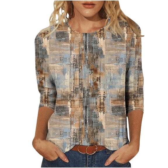 CYMMPU 3/4 Sleeve Blouses for Women Dressy Casual Crew Neck Fall Fashion Shirts Tunic Tops Floral Pattern Spring Tops Loose Fit Lightweight Basic T-Shirts Multicolor XL