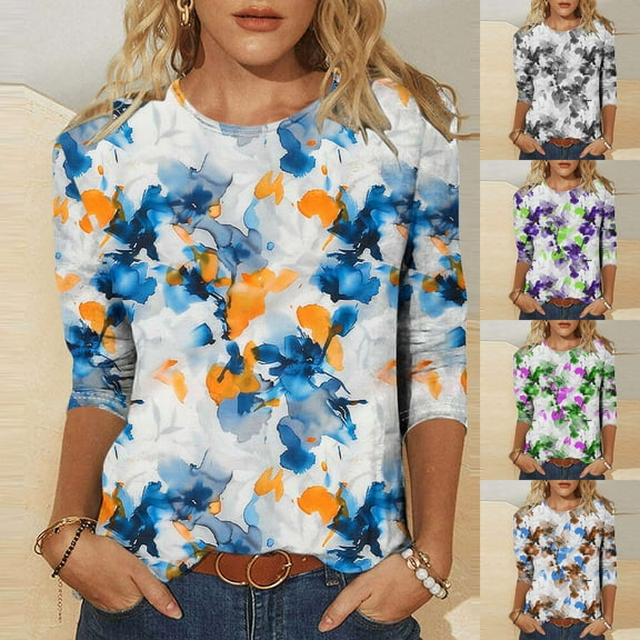 CYMMPU 3/4 Sleeve Blouses for Women Dressy Casual Crew Neck Fall Trendy Shirts Loose Fit Tunic Tops Floral Pattern Spring Tops Lightweight Basic Tees Coffee M