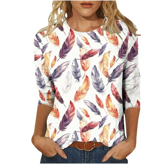 CYMMPU 3/4 Sleeve Blouses for Women Dressy Casual Crew Neck Floral Pattern Loose Fit Summer Fashion Shirts Spring Tunic Tops Lightweight Basic T-Shirts Multicolor XXXL