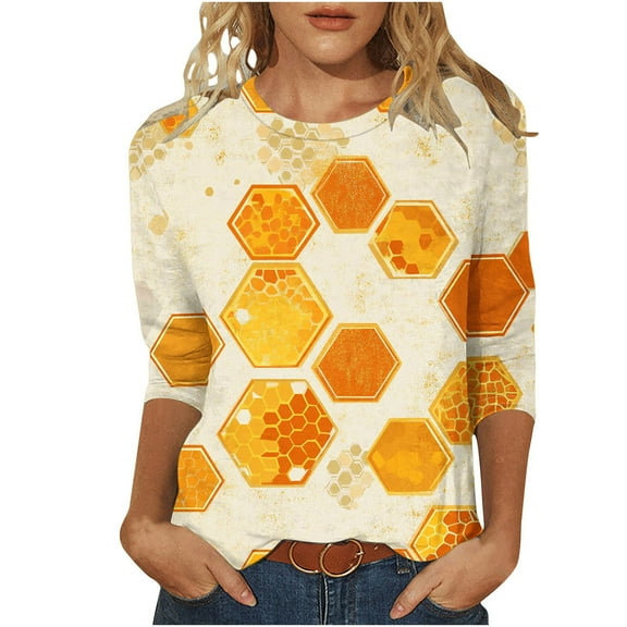 CYMMPU 3/4 Sleeve Blouses for Women Dressy Casual Crew Neck Loose Fit Bee Pattern Spring Tunic Tops Fall Fashion Shirts Cute Animals T-Shirts Yellow M