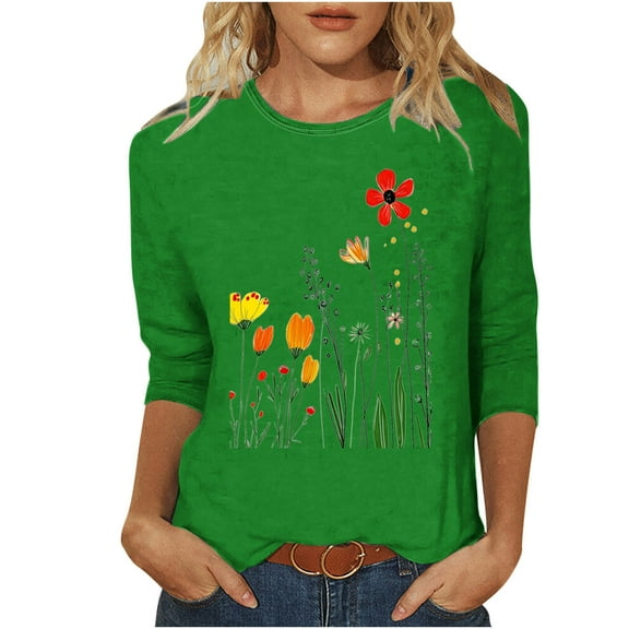 CYMMPU 3/4 Sleeve Blouses for Women Dressy Casual Crew Neck Loose Fit Fall Trendy Shirts Tunic Tops Floral Pattern Spring Tops Lightweight Basic Tees Green S