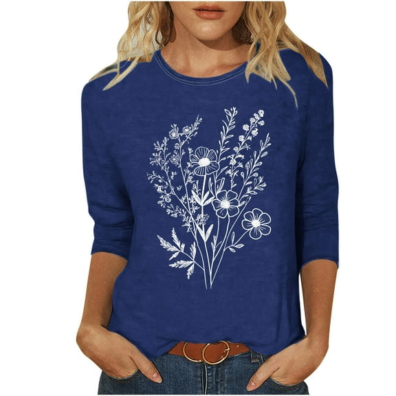 CYMMPU 3/4 Sleeve Blouses for Women Dressy Casual Crew Neck Spring Tops Loose Fit Fall Fashion Shirts T-Shirts Floral Printed Lightweight Basic T-Shirts Blue L