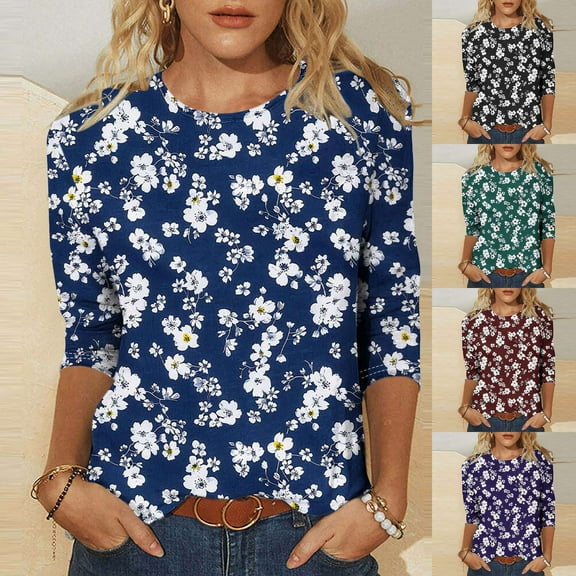 CYMMPU 3/4 Sleeve Blouses for Women Dressy Casual Crew Neck Spring Tops Summer Fashion Shirts Tunic Tops Loose Fit Floral Pattern Lightweight Basic T-Shirts Red XXXL