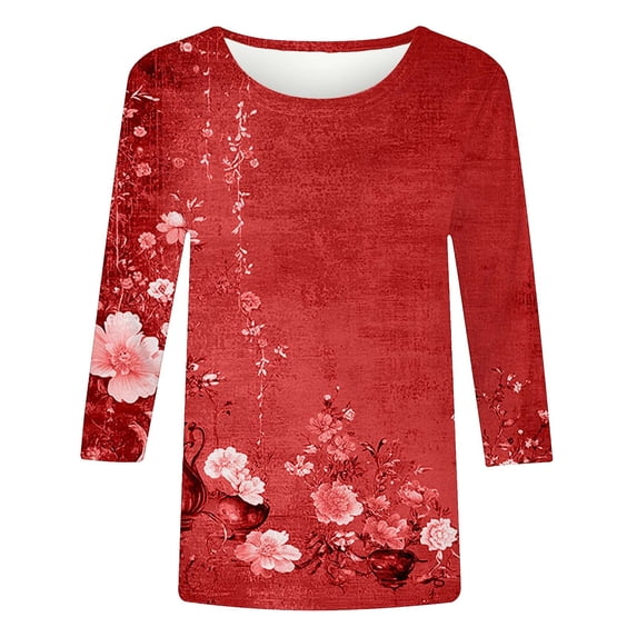 CYMMPU 3/4 Sleeve Blouses for Women Dressy Casual Fall Fashion Shirts Flower Pattern Loose Fit Tunic Tops Crew Neck Spring Tops Lightweight Basic T-Shirts Red L