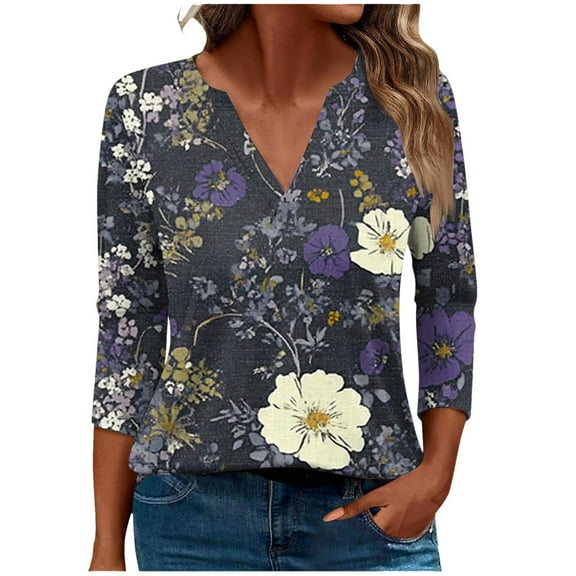CYMMPU 3/4 Sleeve Blouses for Women Dressy Casual Fall Fashion Shirts Loose Fit V Neck Flower Printed Tunic Tops Spring Tops Business Elegant Work Topss S