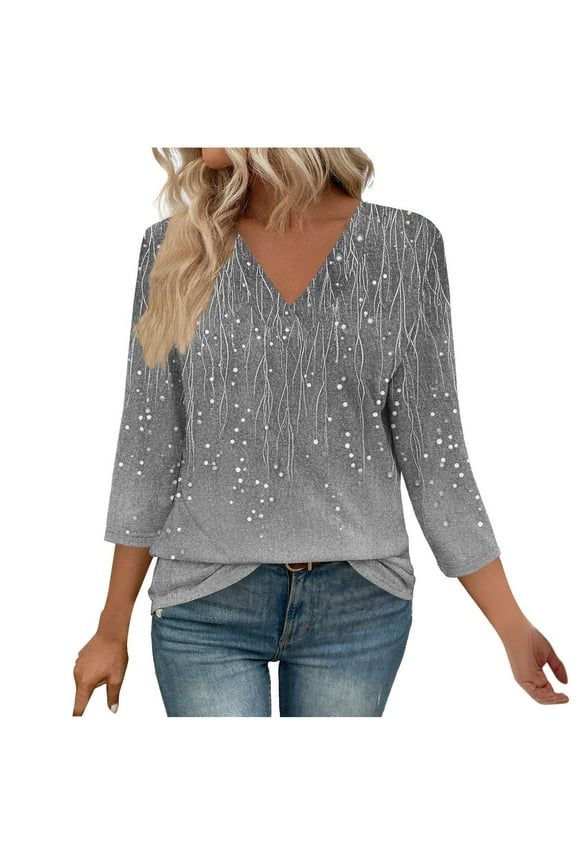 3/4 Sleeve Blouses for Women Dressy Casual Fall Fashion Shirts Spring Tunic Tops Flower Pattern V Neck Loose Fit Business Elegant Work Topss Gray XXL