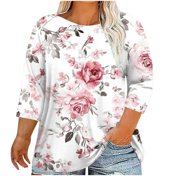 CYMMPU 3/4 Sleeve Blouses for Women Dressy Casual Fall Trendy Shirts Spring Tops Flower Pattern Round Neck T-Shirts Loose Fit Plus Size T-Shirt White XXXL