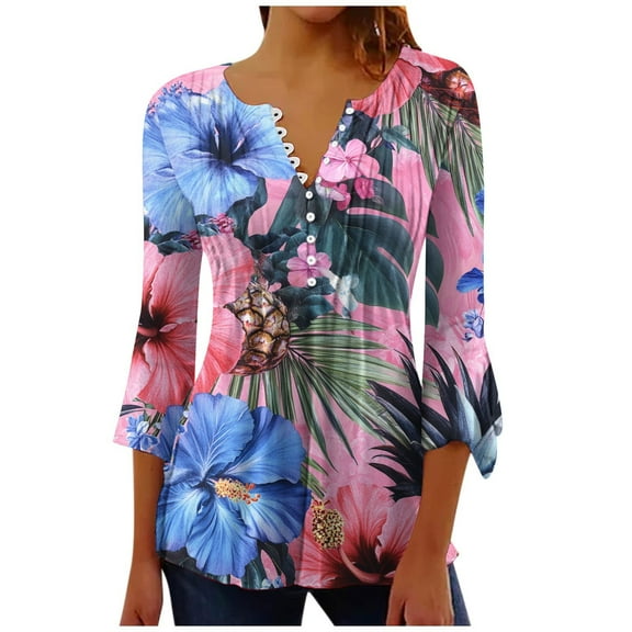 CYMMPU 3/4 Sleeve Blouses for Women Dressy Casual Fall Trendy Shirts Spring Tops Loose Fit Button V Neck Flare Sleeve Tunic Tops Flower Printed Empire Waist A Line T-Shirts Multicolor XXL