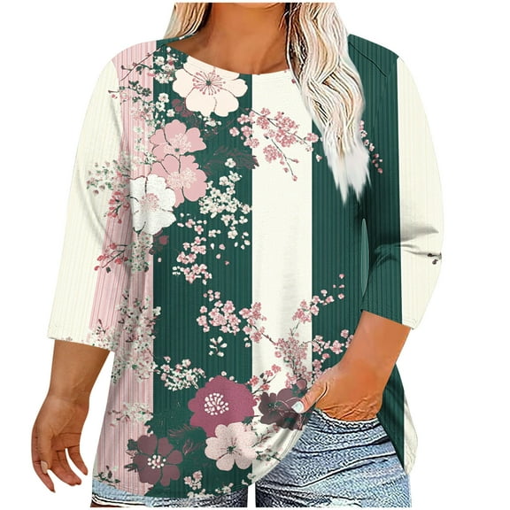CYMMPU 3/4 Sleeve Blouses for Women Dressy Casual Fall Trendy Shirts Spring Tops Loose Fit Round Neck Tunic Tops Flower Pattern Plus Size T-Shirt Army Green XXXL