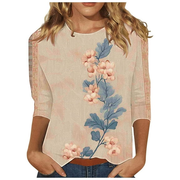 CYMMPU 3/4 Sleeve Blouses for Women Dressy Casual Floral Pattern Fall Trendy Shirts Spring Tops Crew Neck Tunic Tops Loose Fit Lightweight Basic Tees Pink M
