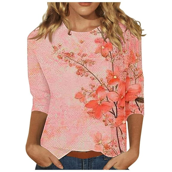 CYMMPU 3/4 Sleeve Blouses for Women Dressy Casual Floral Pattern Loose Fit Fall Fashion Shirts Spring Tops Crew Neck Tunic Tops Lightweight Basic T-Shirts Pink XL