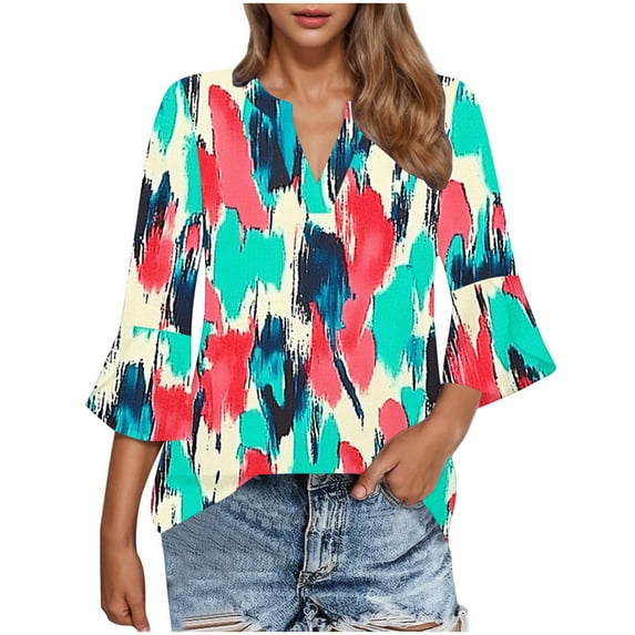 CYMMPU 3/4 Sleeve Blouses for Women Dressy Casual Floral Pattern Tunic Tops V Neck Spring Tops Loose Fit Summer Fashion Shirts Flare Hem Hide Belly Tops to Wear with Leggings T-Shirts Pink XXL